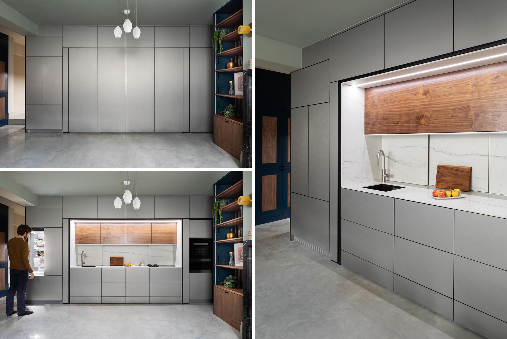 A modern kitchen hidden within cabinetry, also includes integrated appliances.