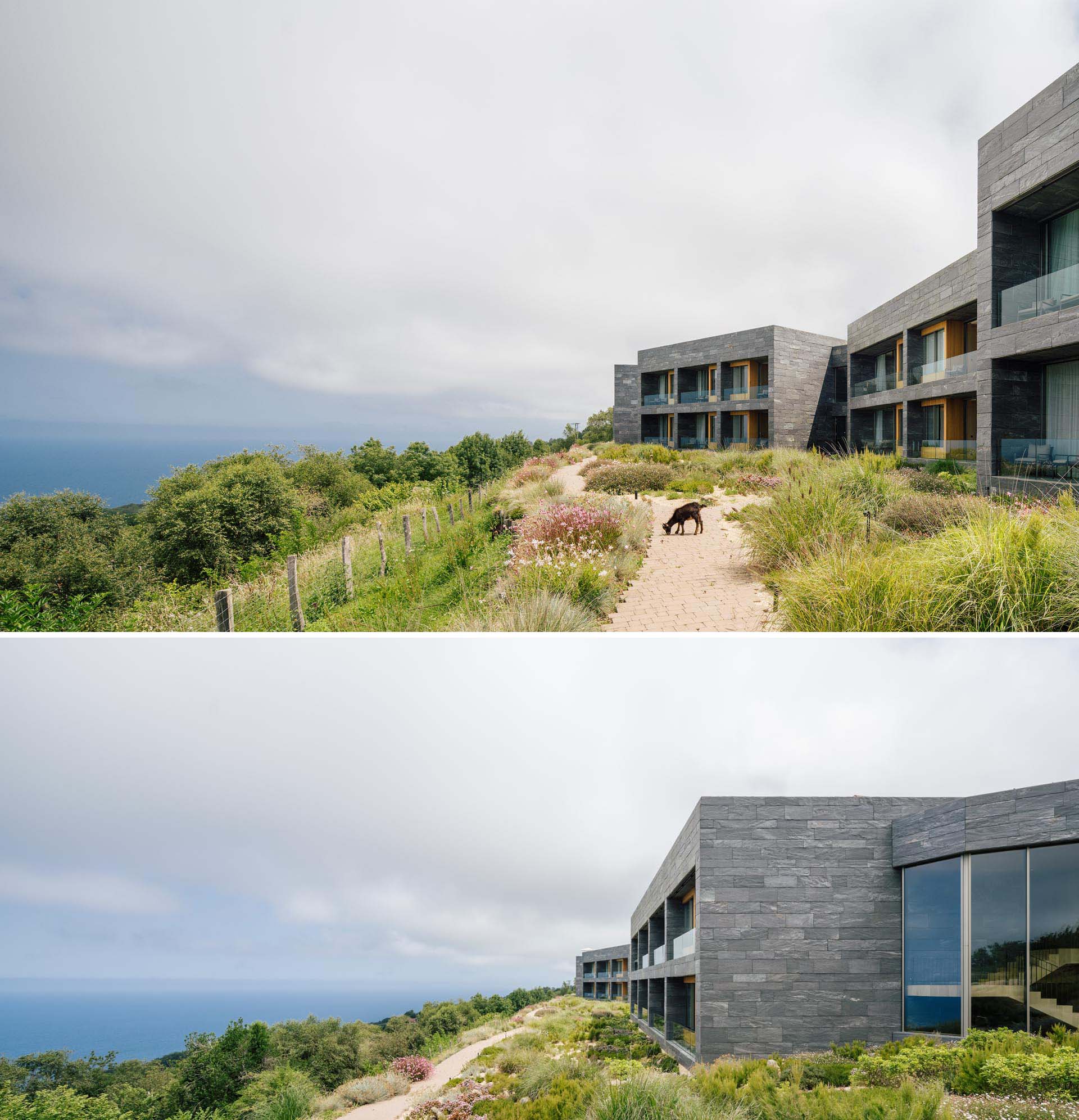 Located on the coast of Spain, this modern hotel and spa includes materials like stone, wood, and glass, with the rooms focused on the view.