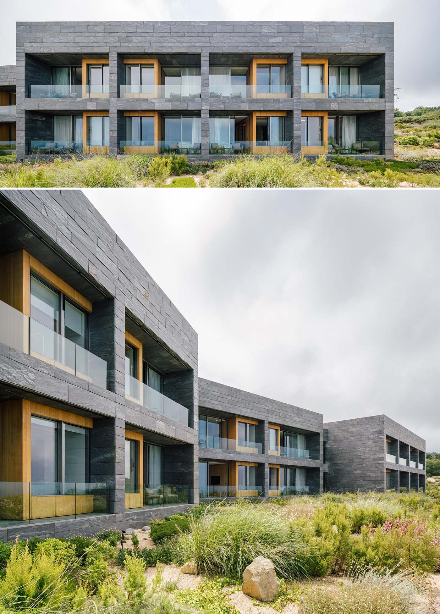 Located on the coast of Spain, this modern hotel and spa includes materials like stone, wood, and glass, with the rooms focused on the view.