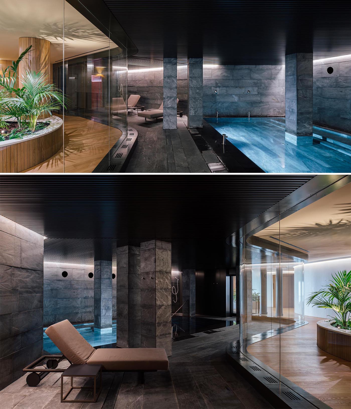 A hotel spa with a curved glass wall that provides views of the swimming pool.