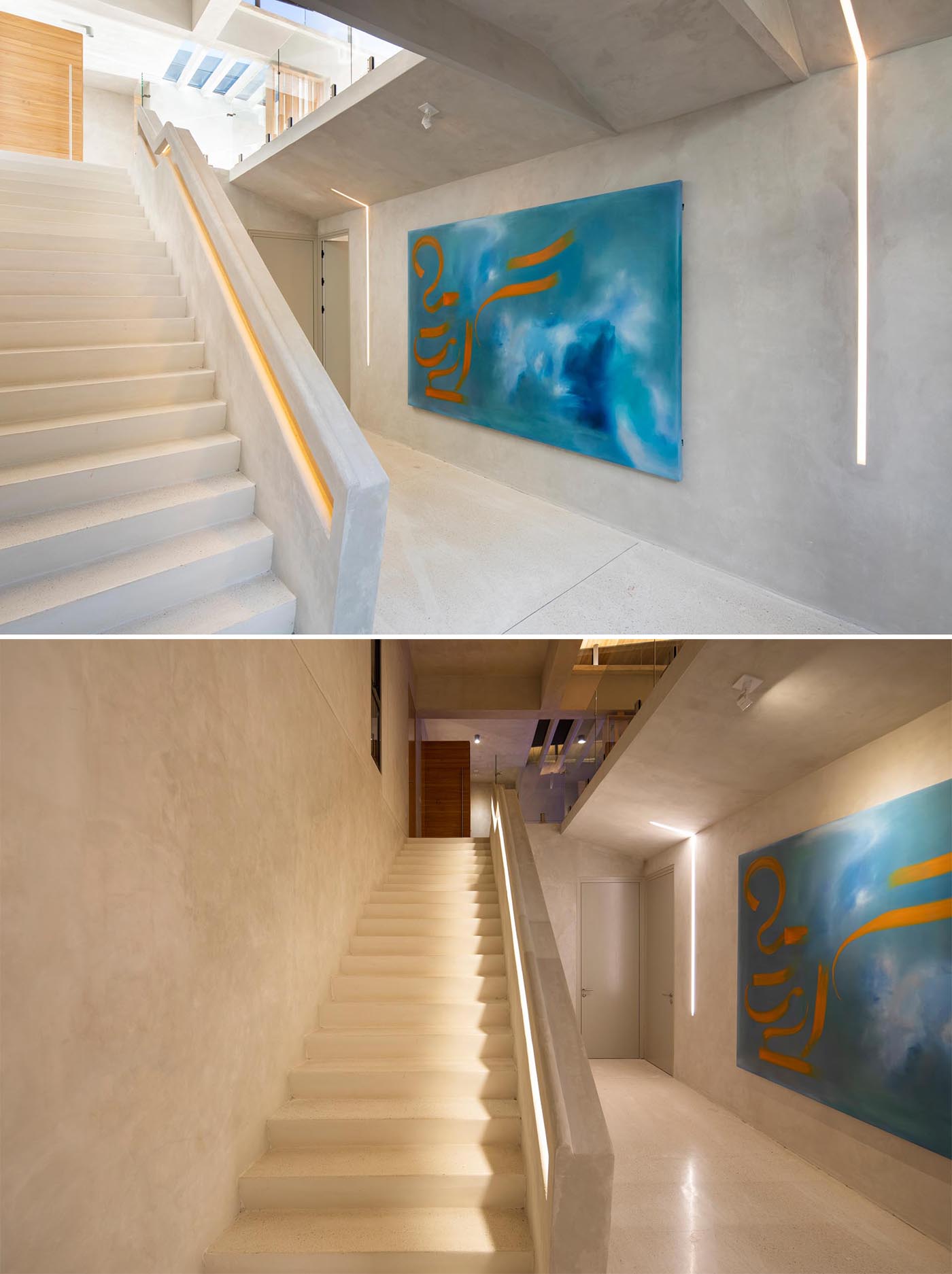 A custom concrete staircase with integrated lighting and handrails.