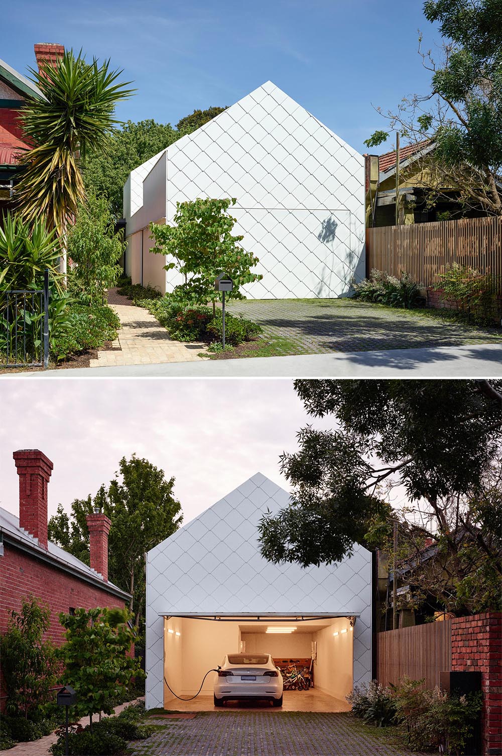 The home is hidden from the street and accessed via a pedestrian laneway that travels from the garage to the main living spaces.