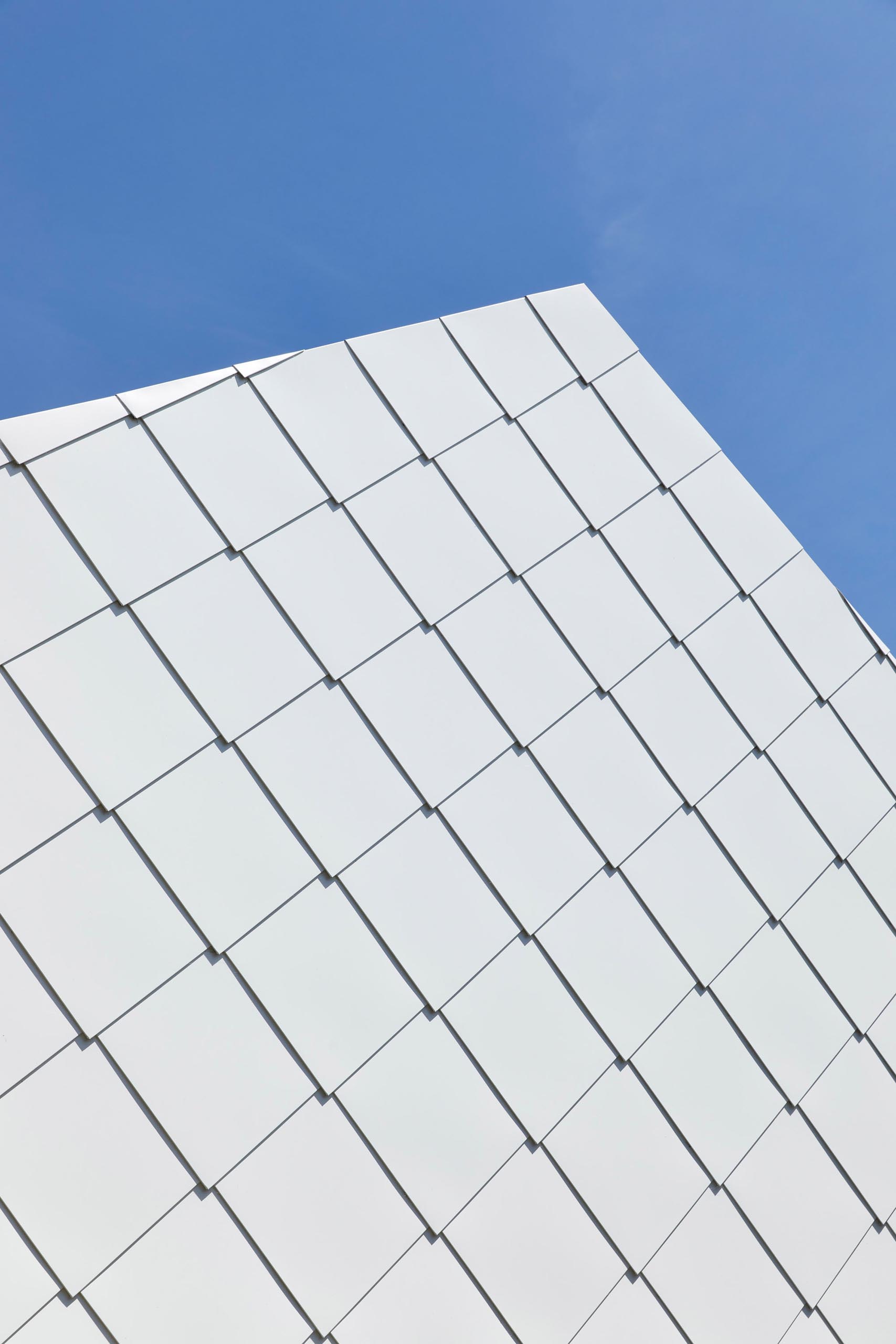 White Flat Lock metal shingles on the facade give this modern home a unique appearance.