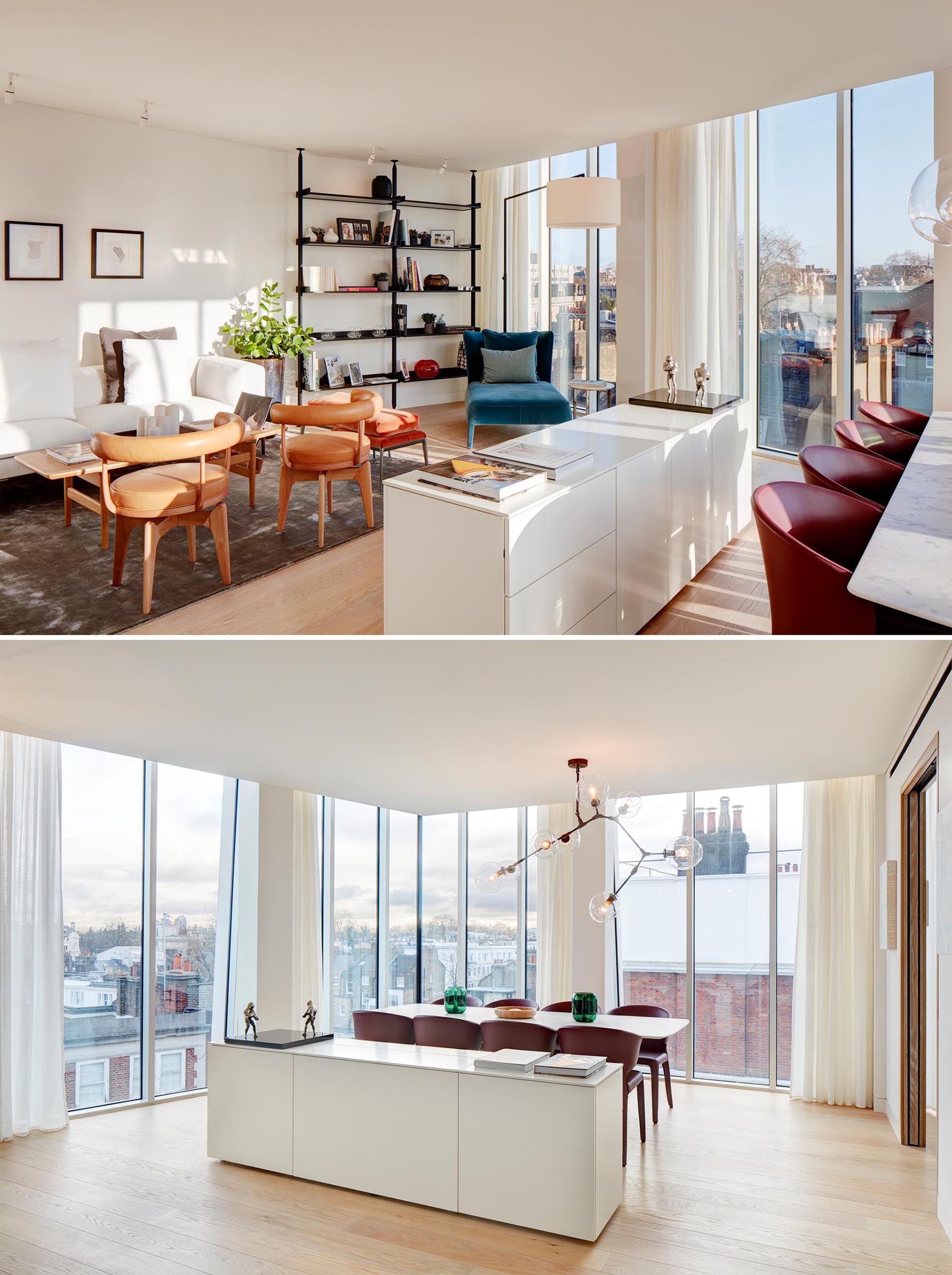 An apartment with the living room and dining room sharing the same open space, while a sideboard separates the two areas. The floor-to-ceiling windows flood the interior with ample natural light.