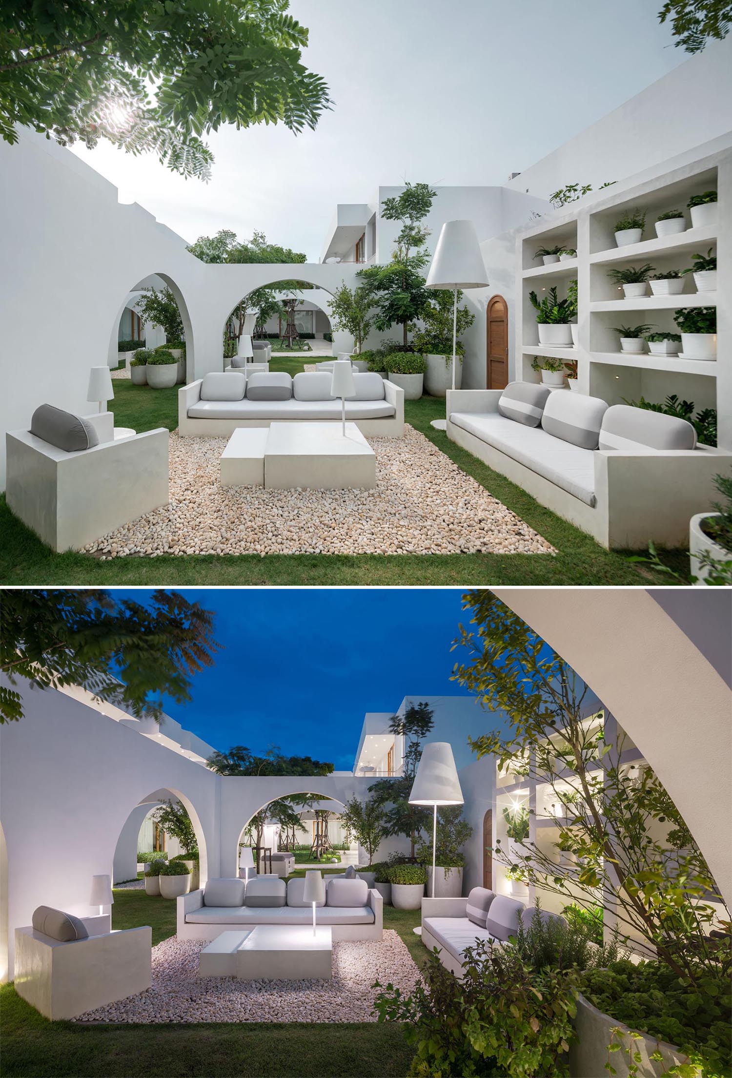 An outdoor living room with a shelving unit designed to house plants.