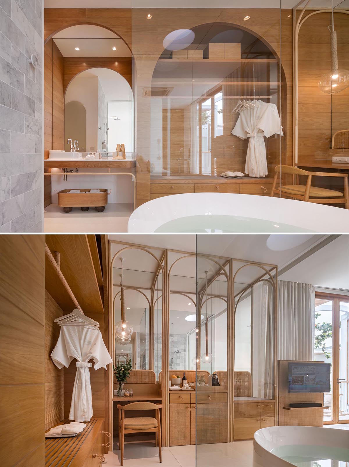 A hotel bathroom with open bathtub and wood cabinetry.