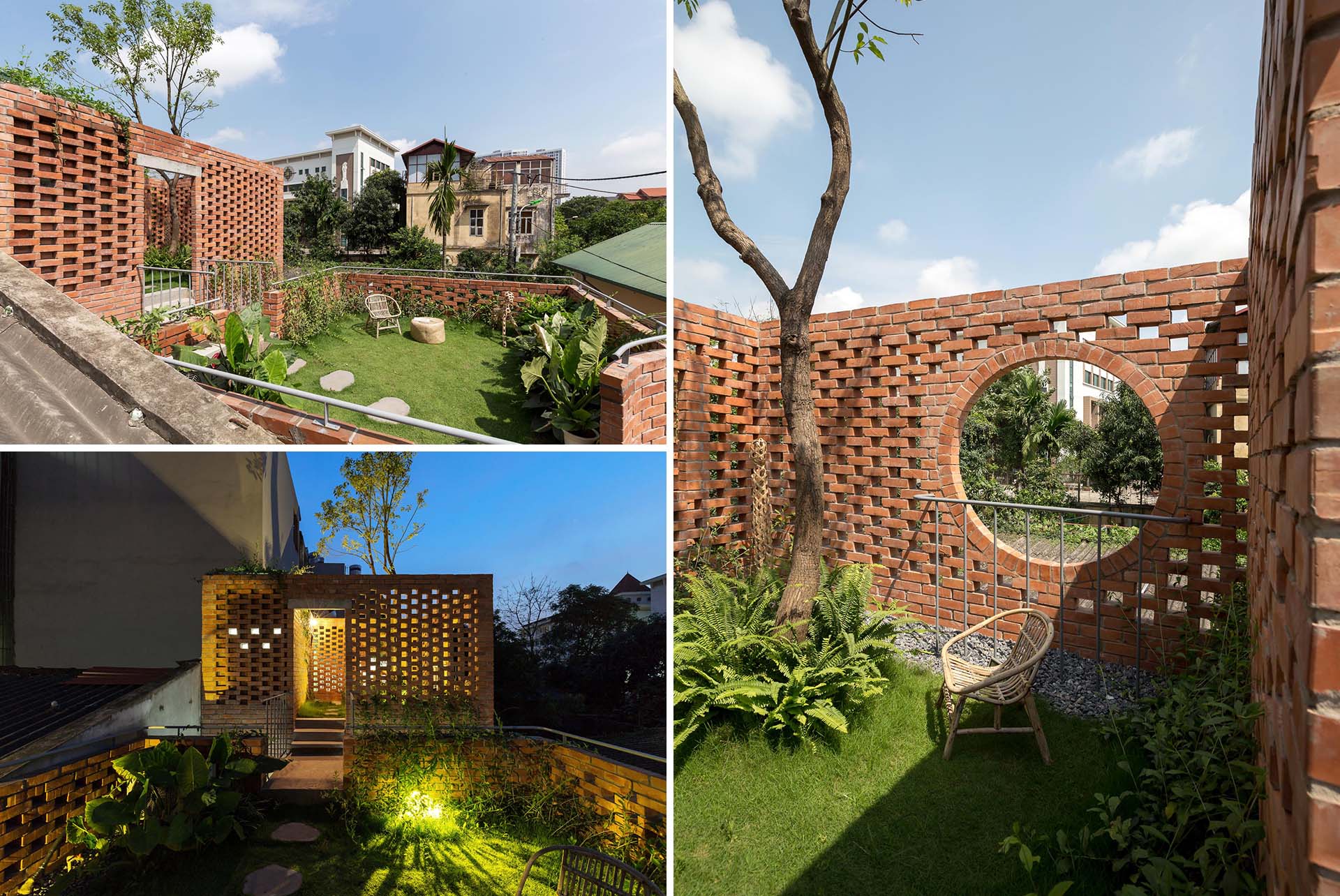 A contemporary home with rooftop courtyards surrounded by brick.