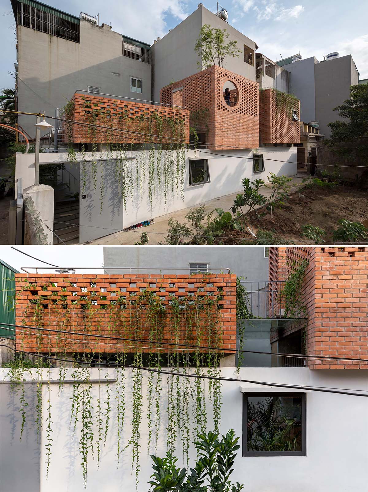A contemporary home with rooftop courtyards surrounded by brick.