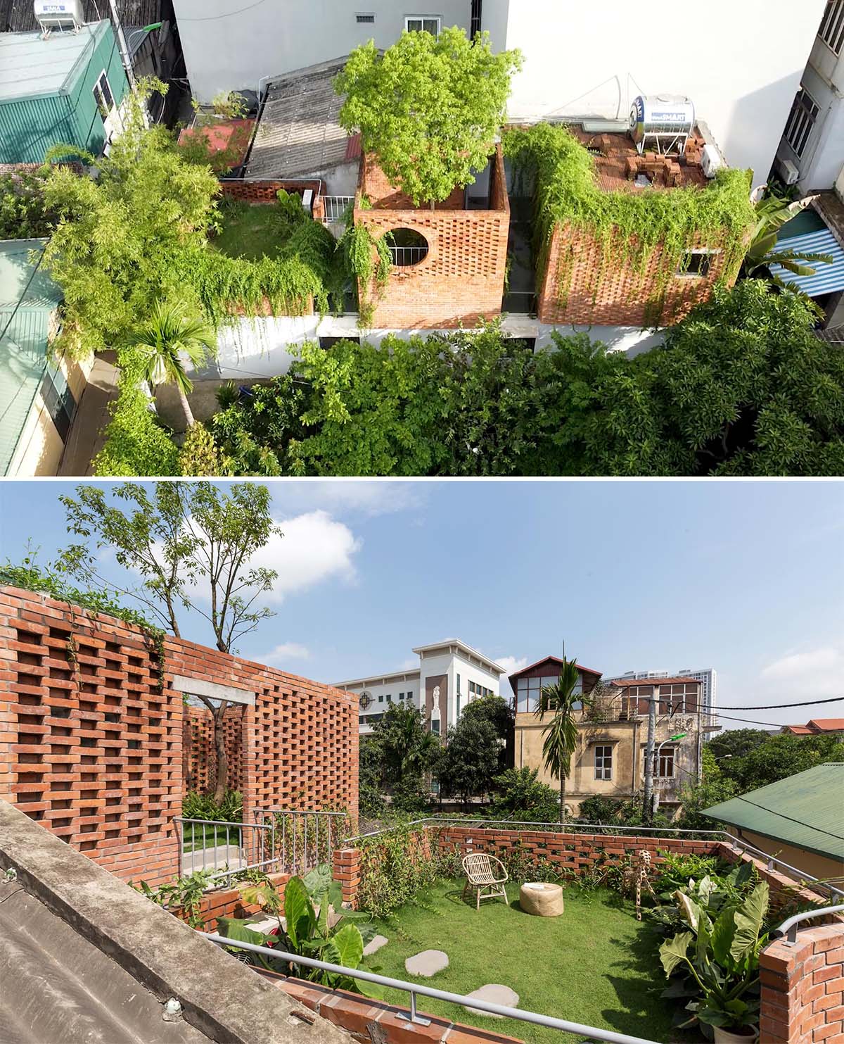 A contemporary home with rooftop courtyards surrounded by brick.