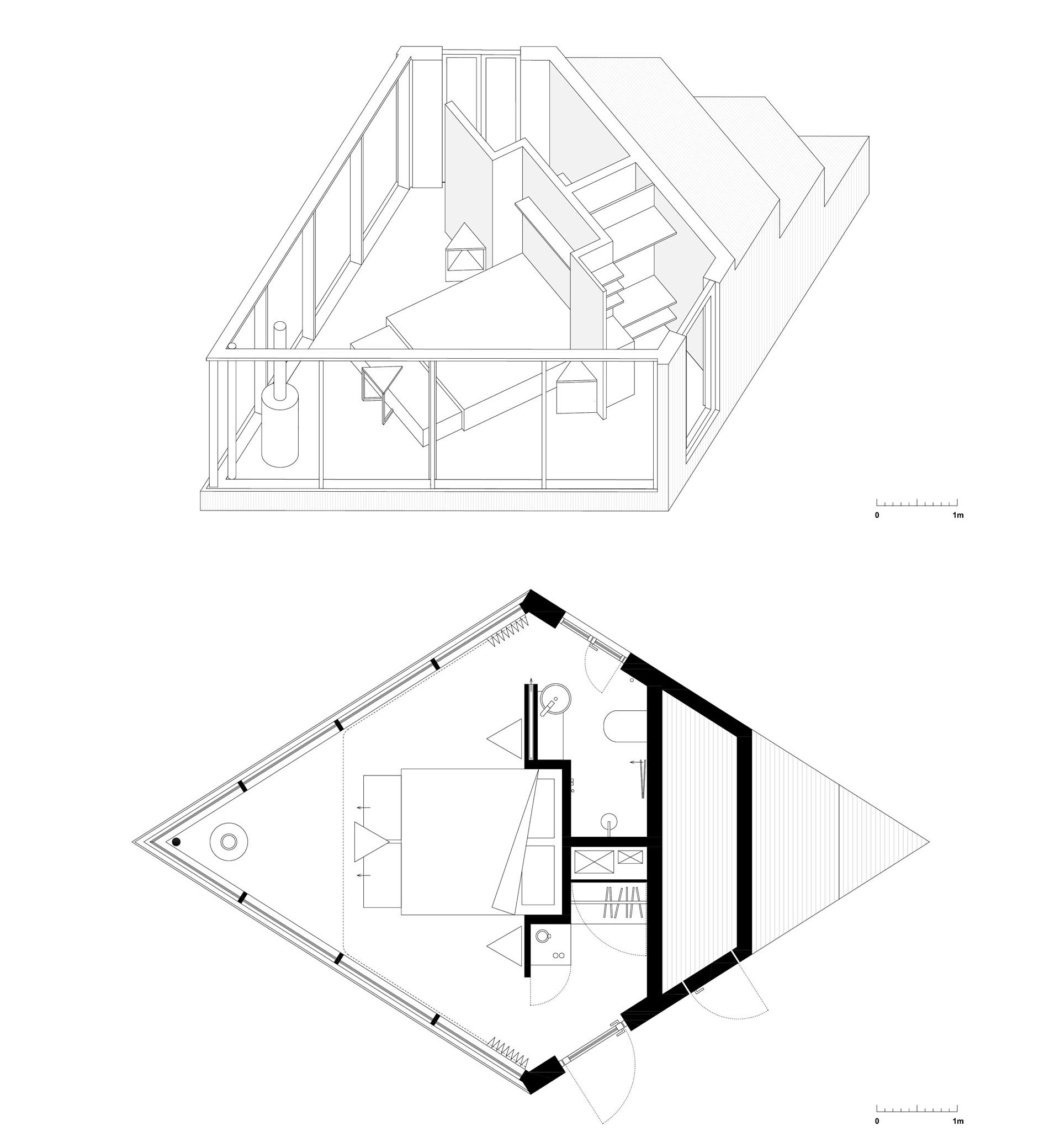 The floor plan of a small diamond shaped cabin.