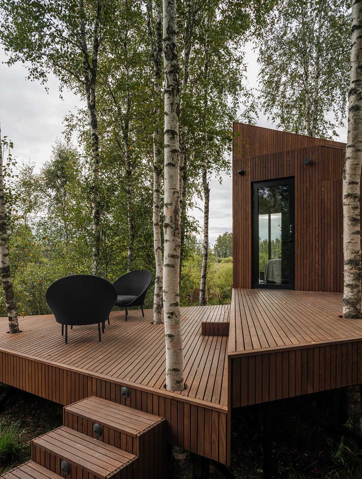 This modern wood deck, which has birch trees growing through it, expands the living space of the cabin.