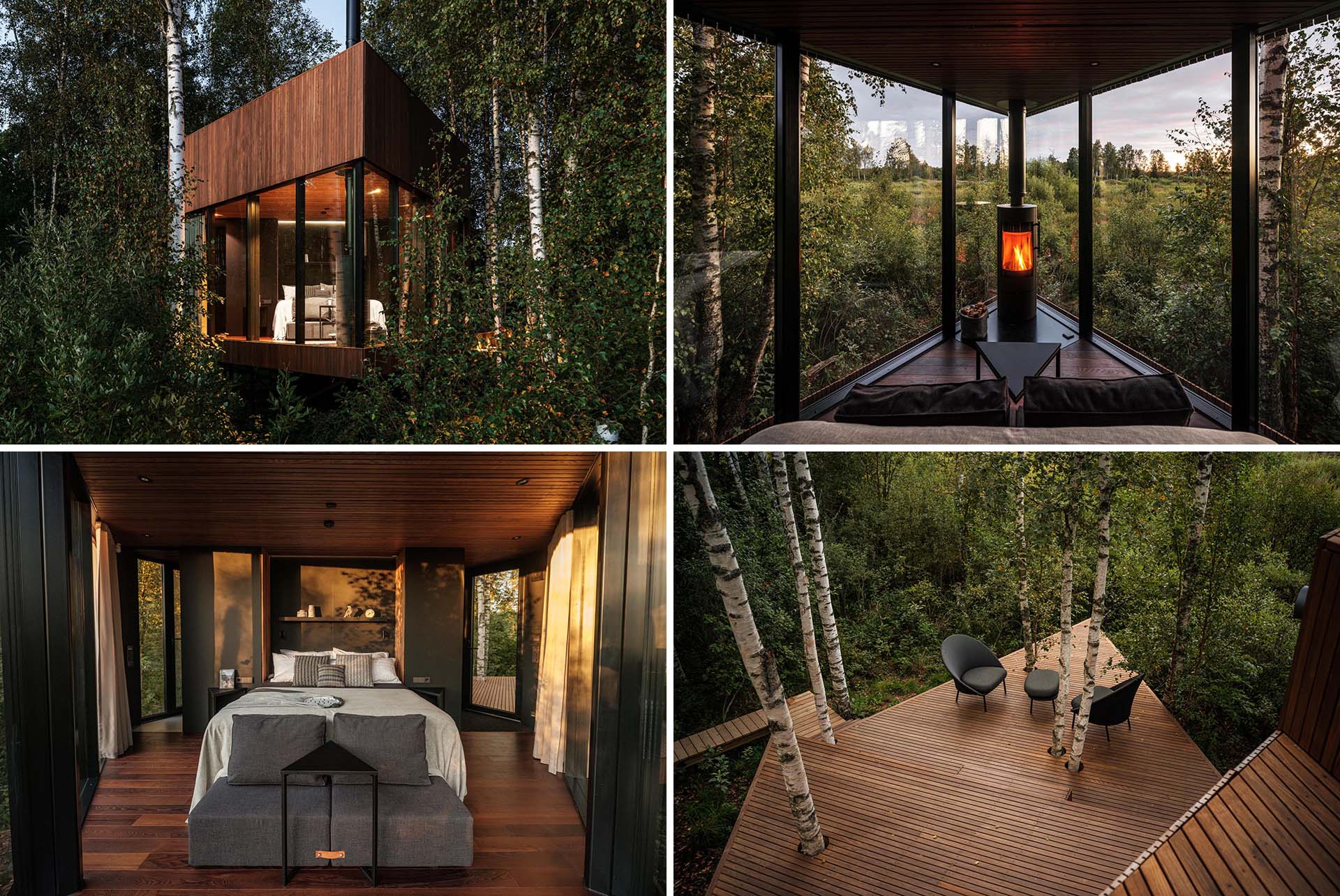 Located on the edge of a bog, this small cabin is designed for 1-2 visitors, and has an angular design with dark brown ash wood walls combined with large windows.