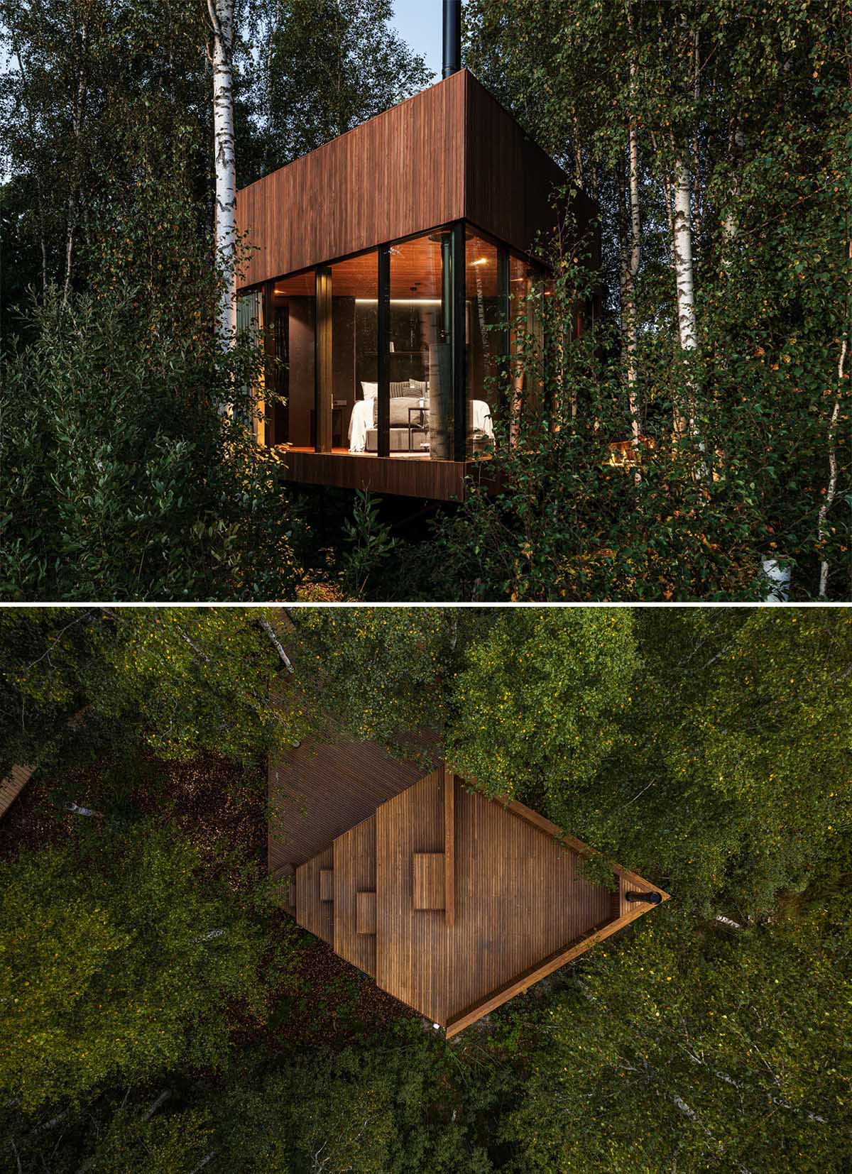 Located on the edge of a bog, this small cabin is designed for 1-2 visitors, and has an angular design with dark brown ash wood walls combined with large windows.