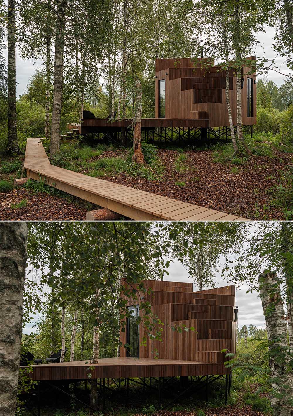 This tiny treehouse-inspired cabin is accessed via a boardwalk that connects to the deck. 