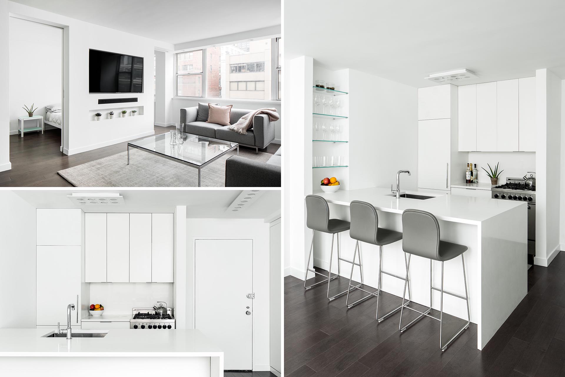 A small and modern apartment in New York with a bright white interior and dark wood floors.