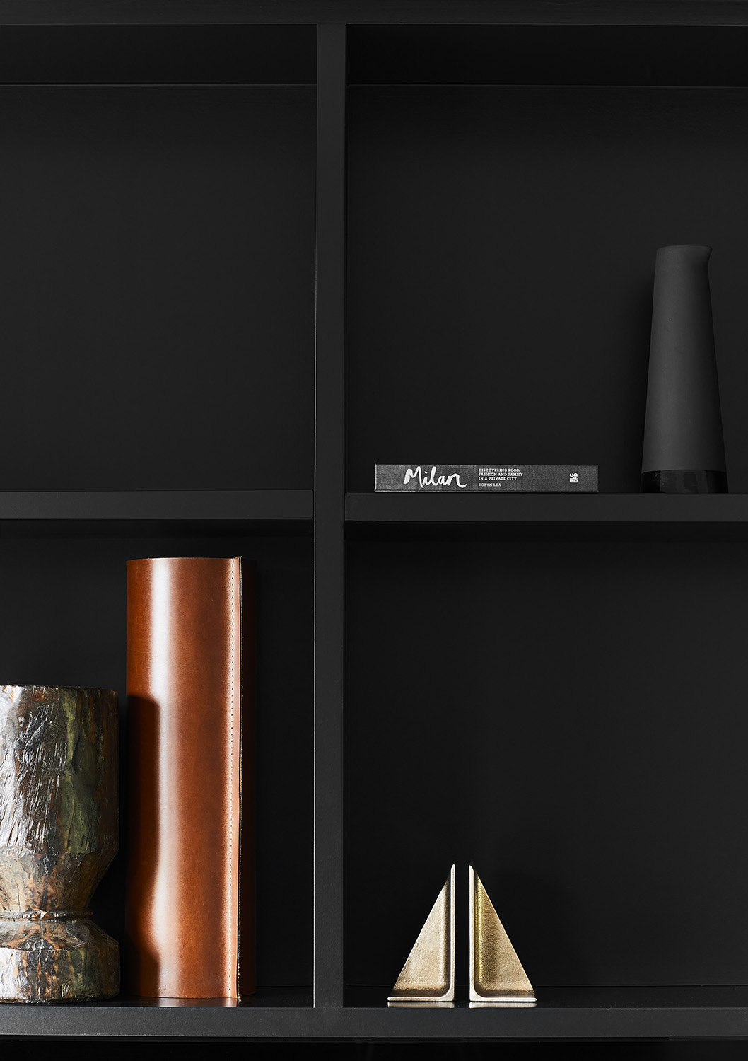 Modern black shelving.