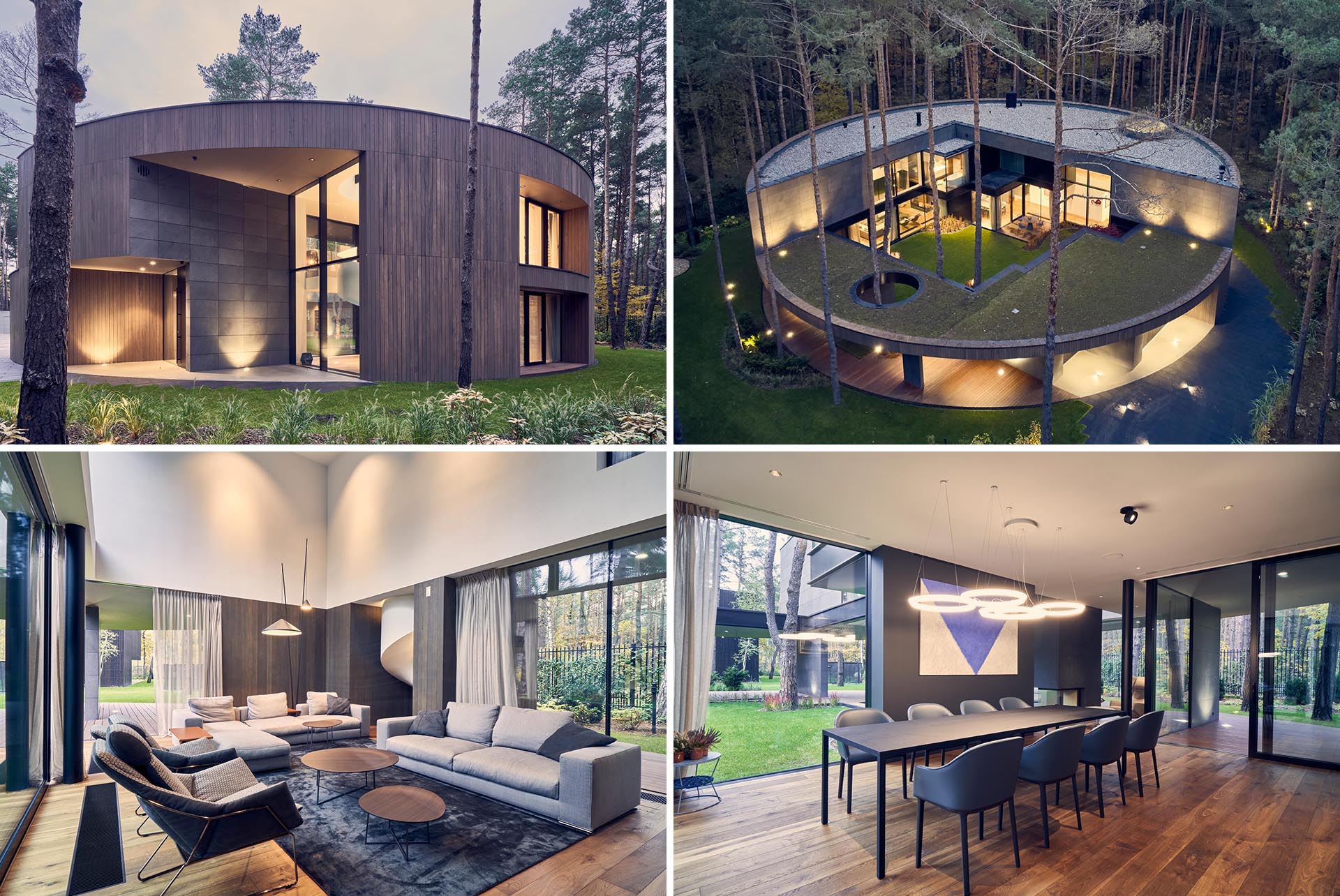 A modern circular home with a warm wood exterior that complements the surrounding forest.