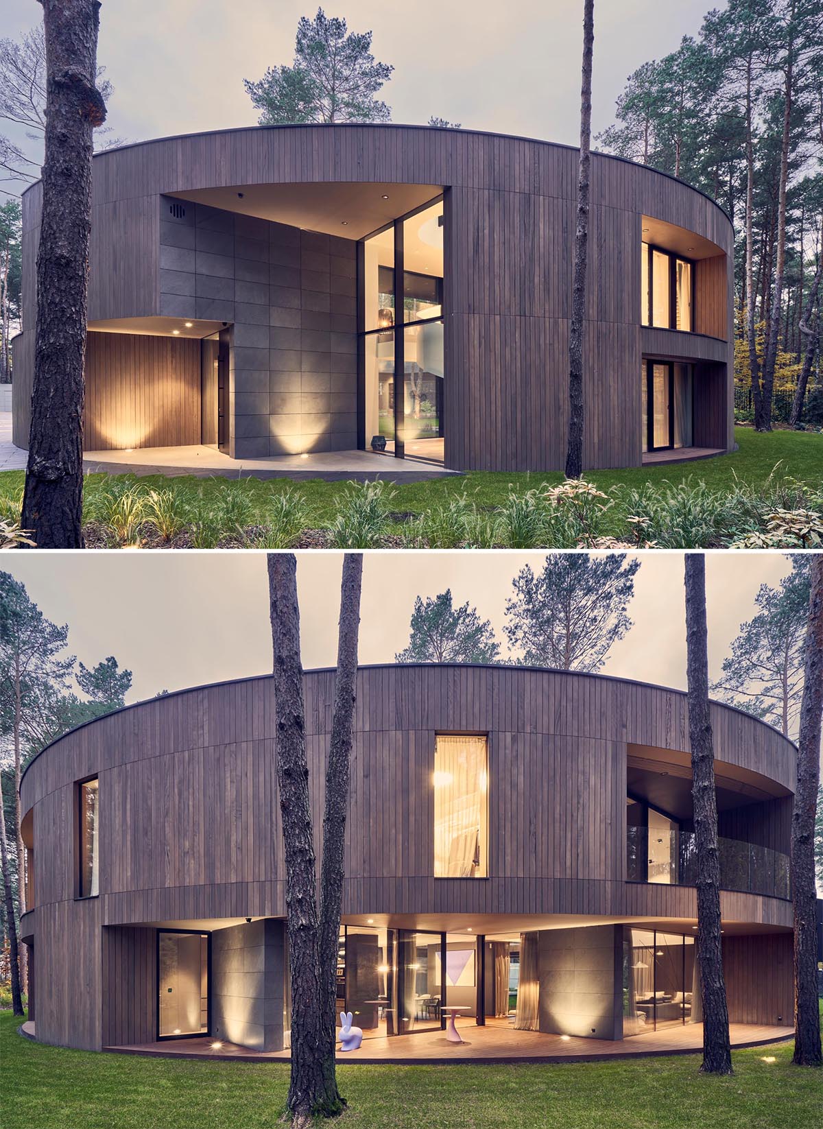 A modern circular home with a warm wood exterior that complements the surrounding forest.