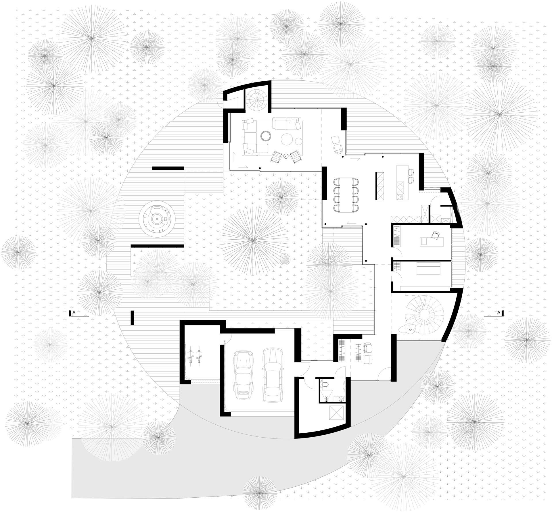 The floor plan of a circular home.