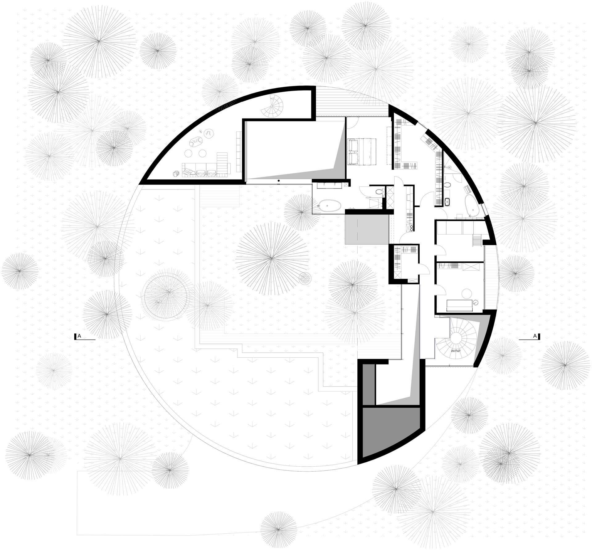 The floor plan of a circular home.