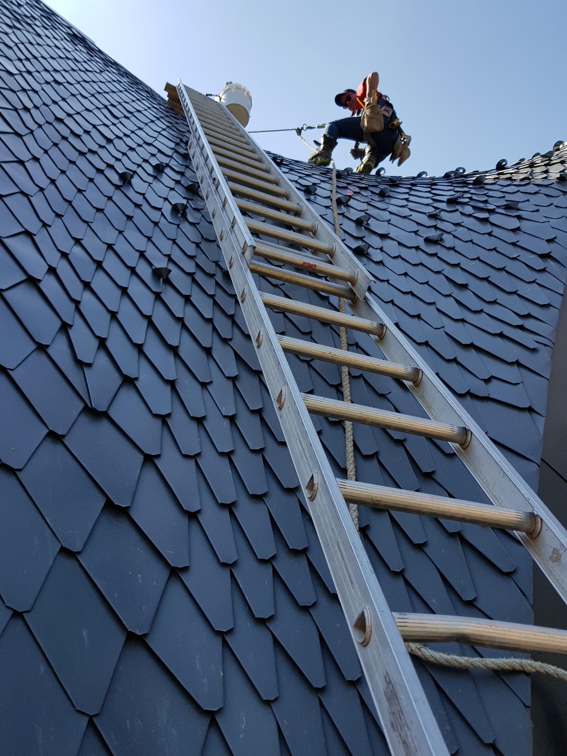 A modern roof with tiles that look like dragon scales.