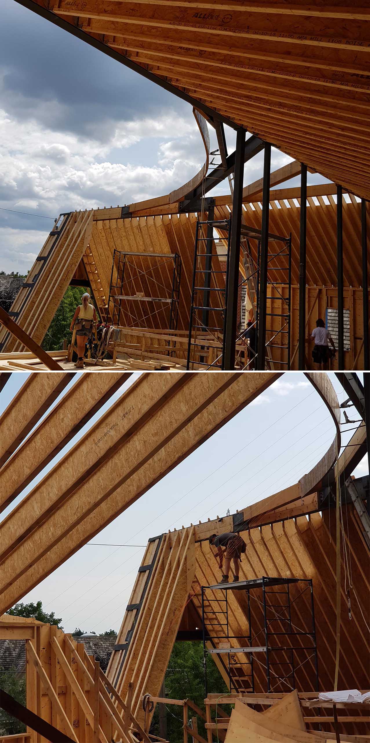 The building of a curved roof.