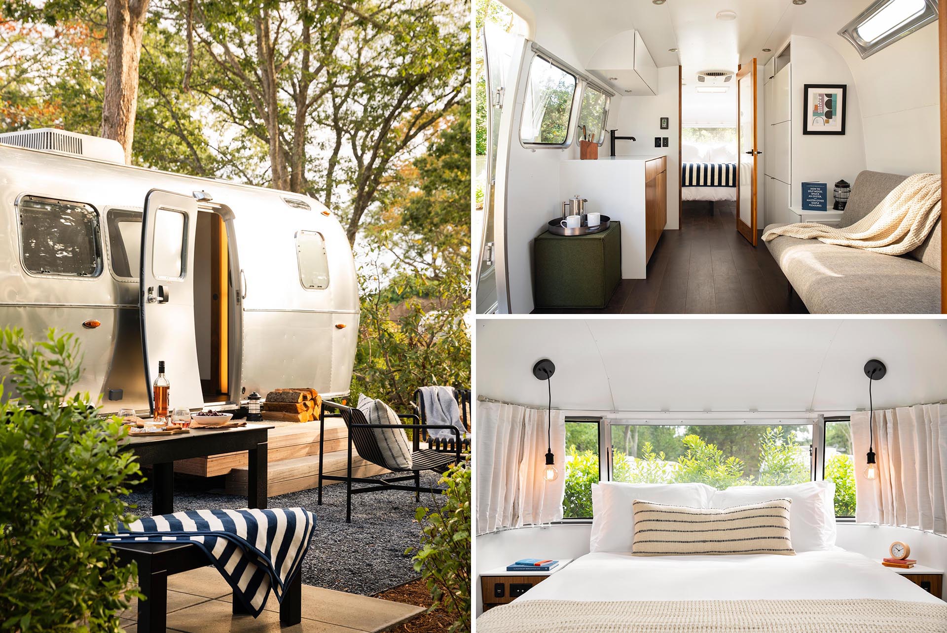 A remodeled Airstream trailer with a modern interior that includes a living room, kitchenette, bathroom, and bedroom.