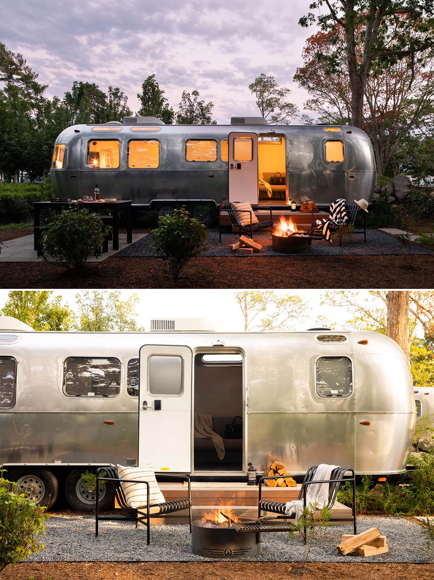 A remodeled Airstream trailer with a dedicated space for outdoor dining, and a small fire pit with a couple of chairs.