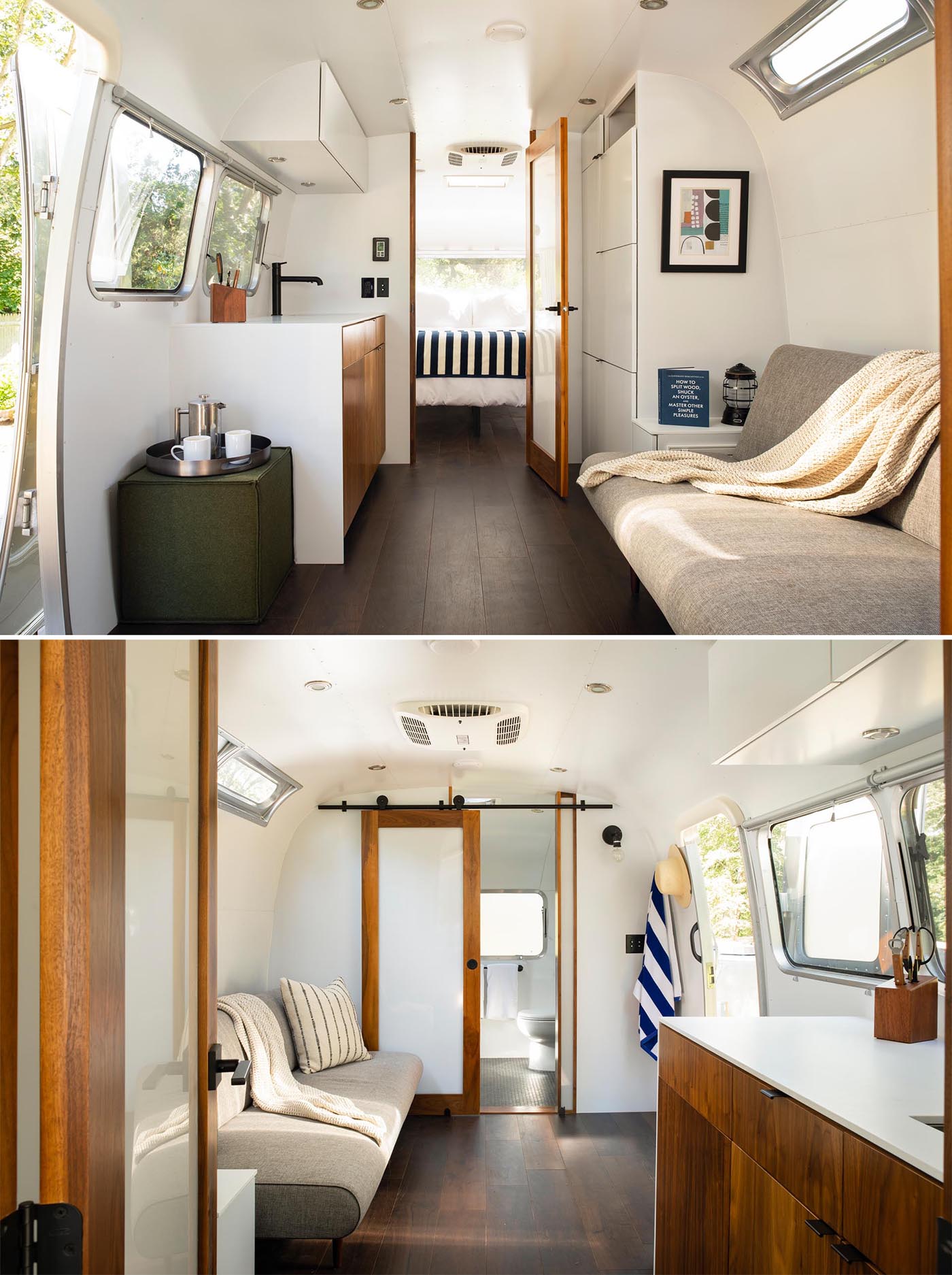 A remodeled Airstream trailer with a modern interior that includes a living room, kitchenette, bathroom, and bedroom.