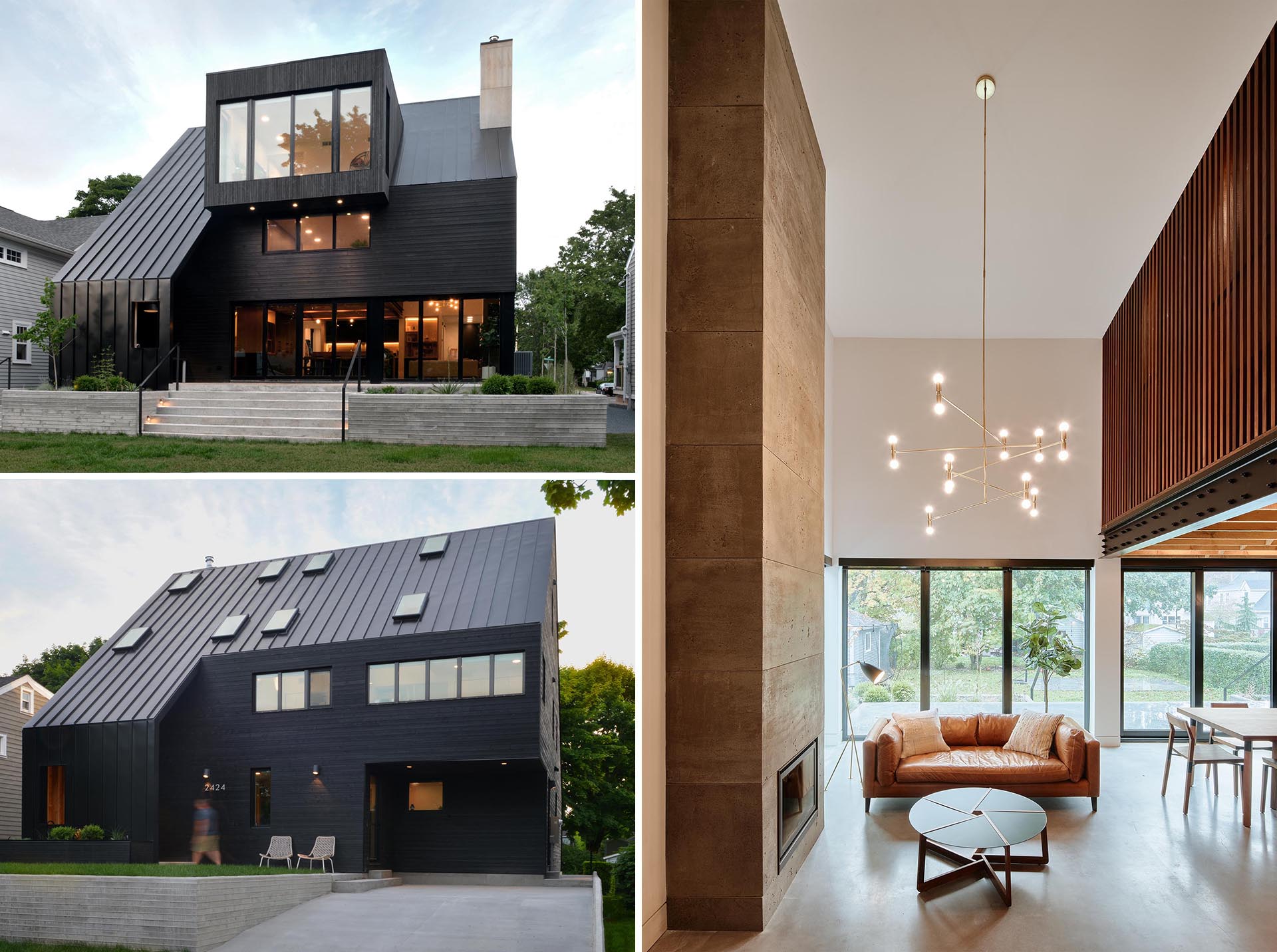A modern black house with wood siding and a standing seam metal roof, as well as black window frames.