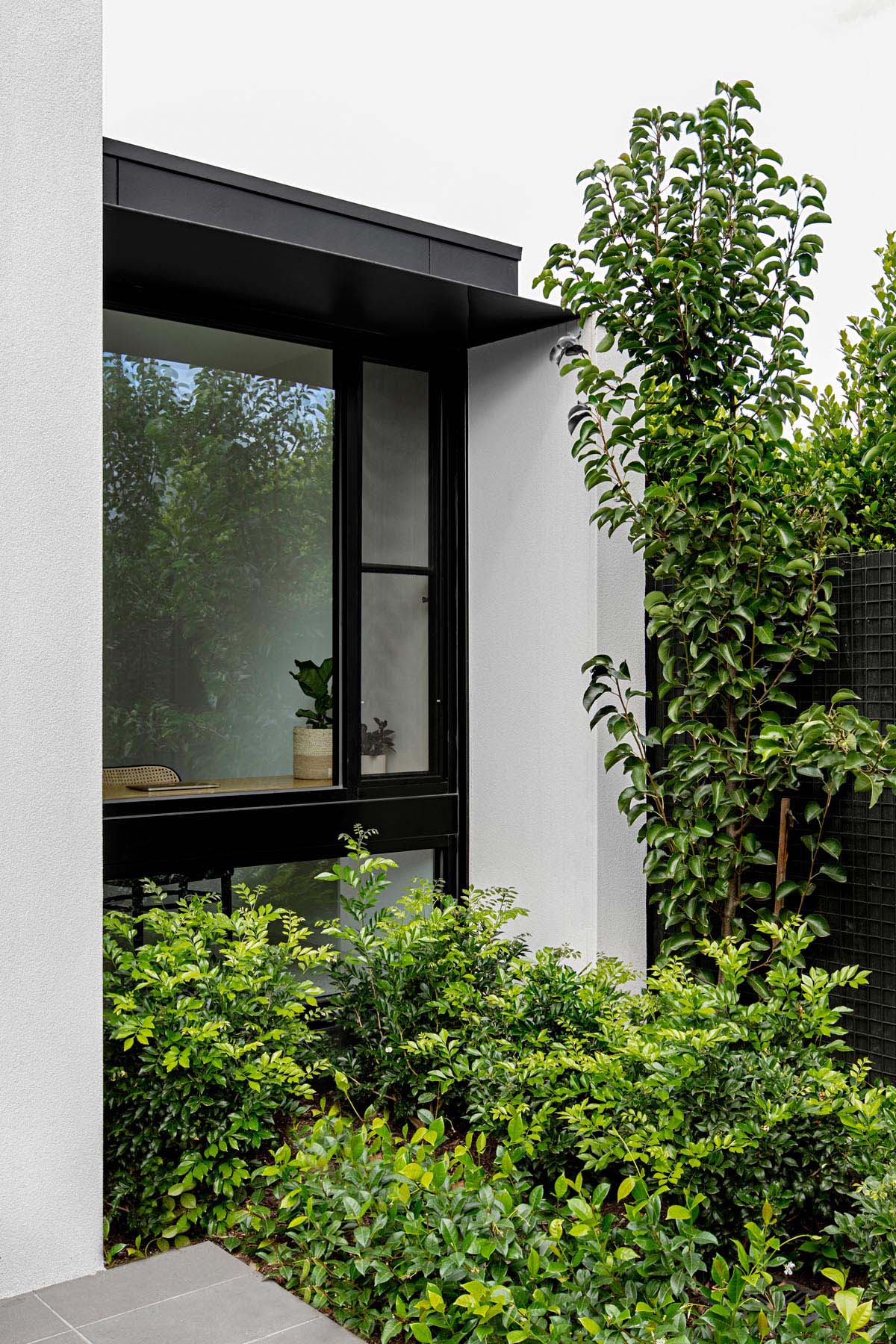 A home office with a view of the garden.