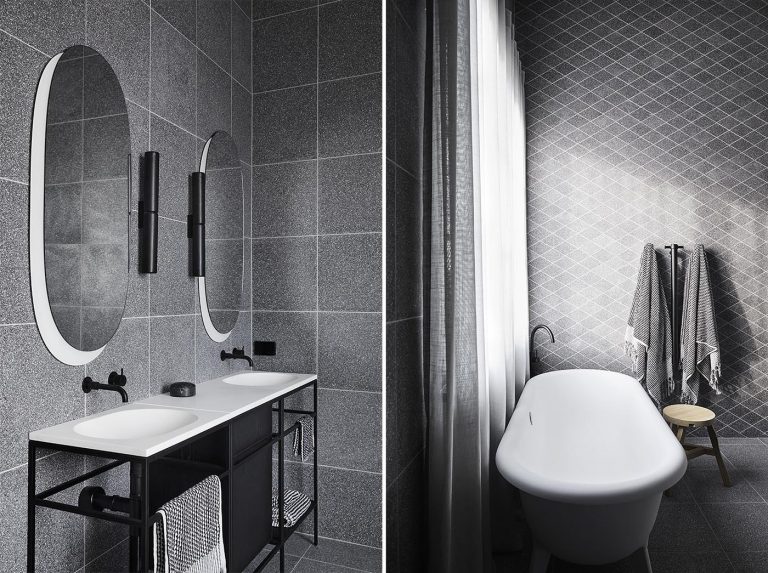 Grey Terrazzo Tiles Help Create A Moody Feeling In These Bathrooms