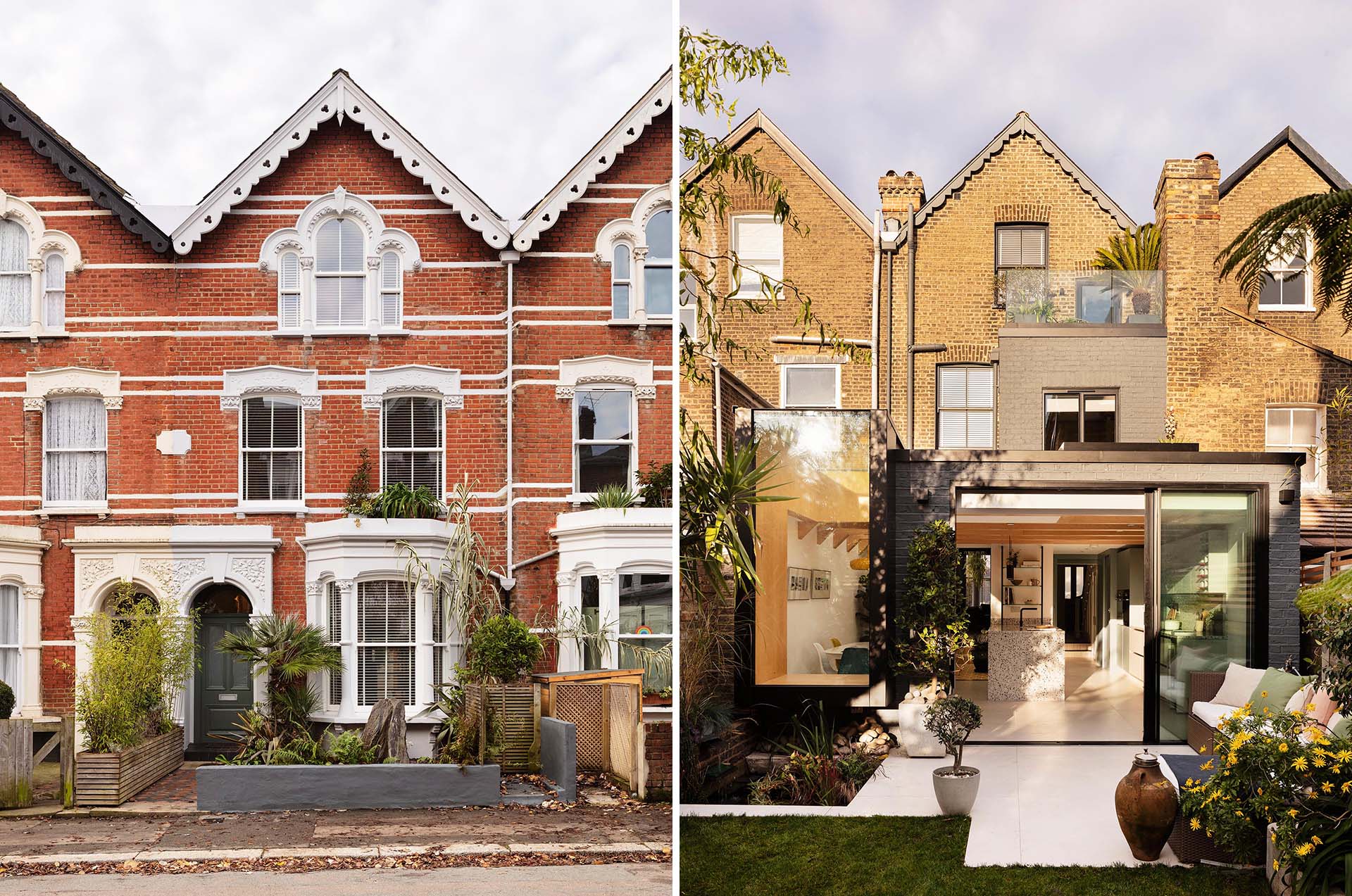 A side and rear extension for a Victorian mid-terrace house in London, England, that includes a window seat and an internal courtyard.