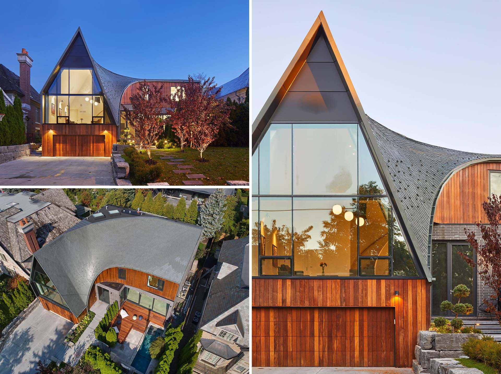 A modern home with a curved roof, an L-shaped design, and a A-frame accent.