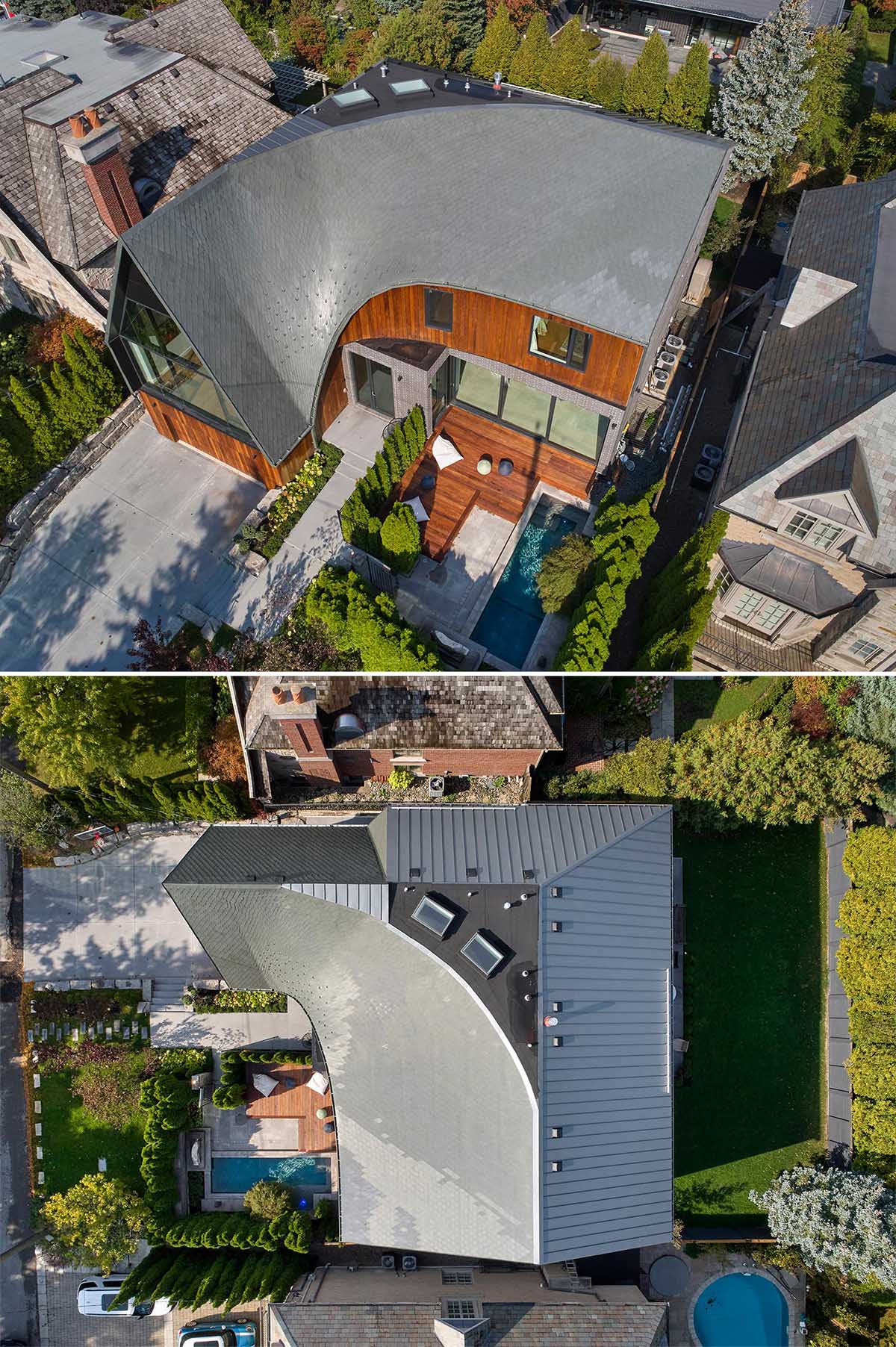 The bird’s-eye-view shows the curved roof of this modern home.