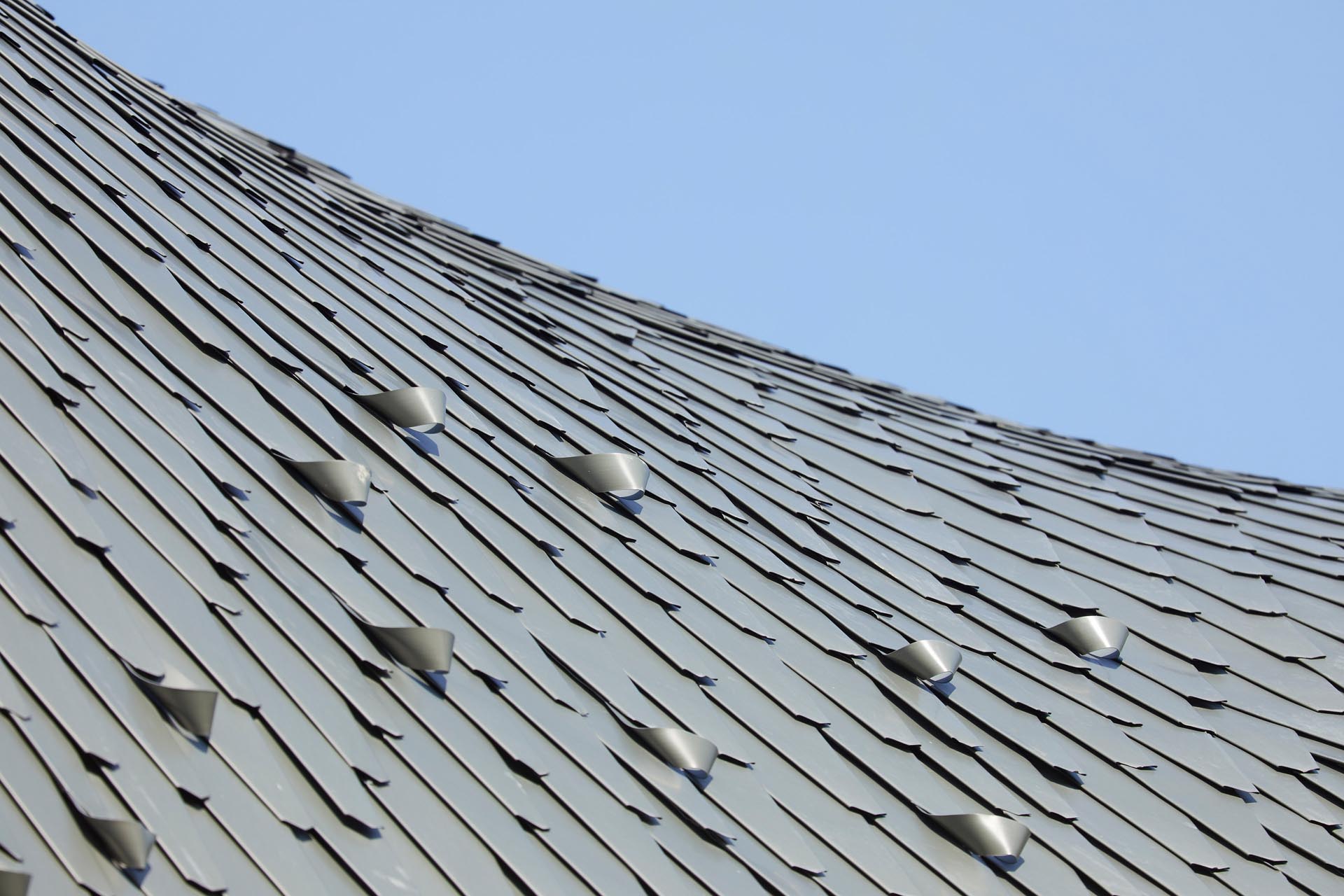 A modern curved roof is clad with hand-laid, diamond-shaped zinc shingles that both recalls a shimmering reptilian while also drawing connections with neighboring slate roofs. The handcrafted twisted zinc snow guards prevent falling snow.