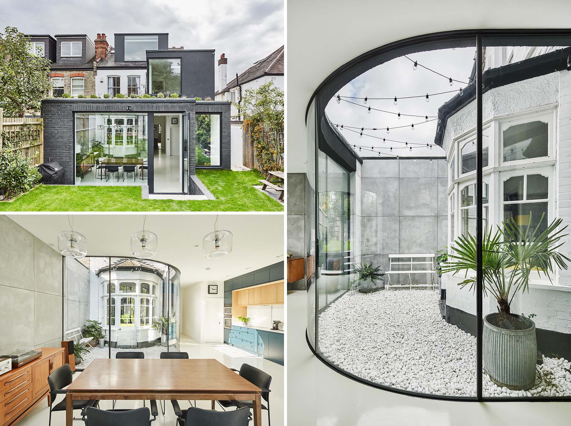 A modern rear extension with a curved window creates space for a small courtyard and protects the original bay window.
