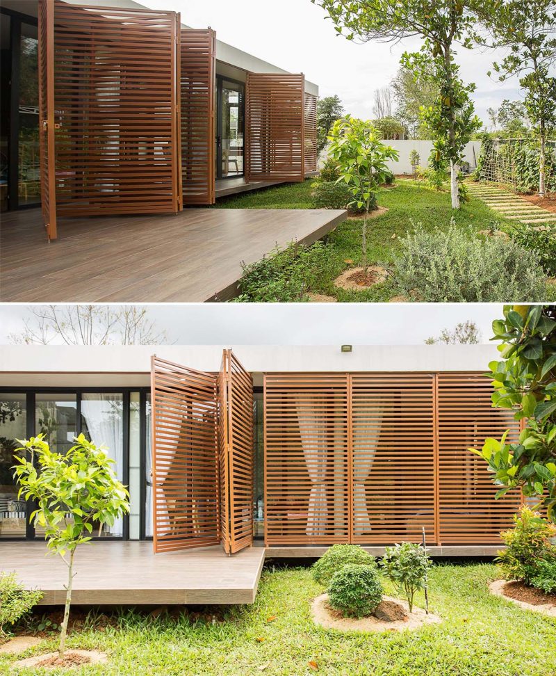 Moveable metal screens can be opened to allow the interior spaces access to the garden.