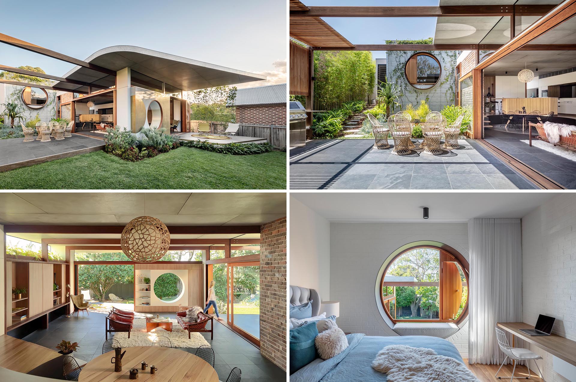A rear home addition with circular accents, and designed for indoor / outdoor living.