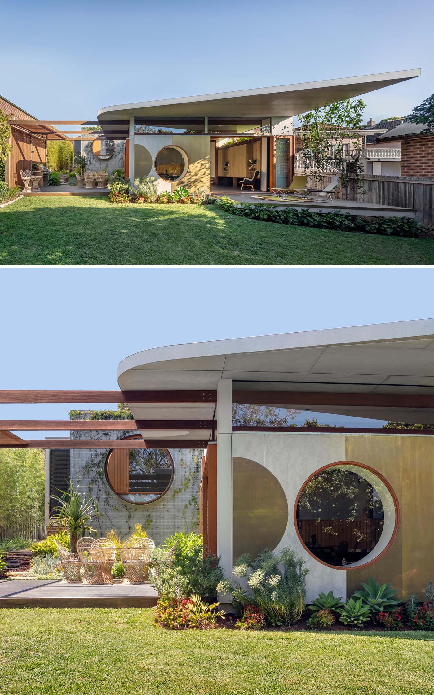 A rear home addition with circular accents, and designed for indoor / outdoor living.