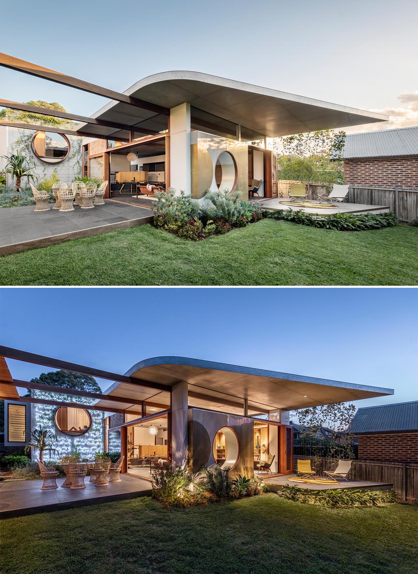 The exterior of the home received an addition that includes a sweeping roof line that sits above a section of windows. At night, the ceiling reflects the light back into the interior of the addition.