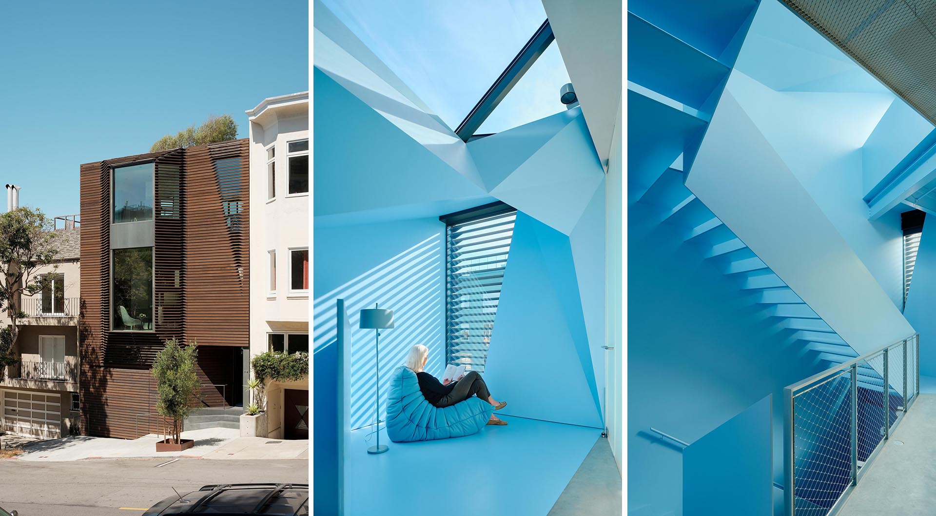 A modern home with a wood exterior and a hidden blue interior staircase.