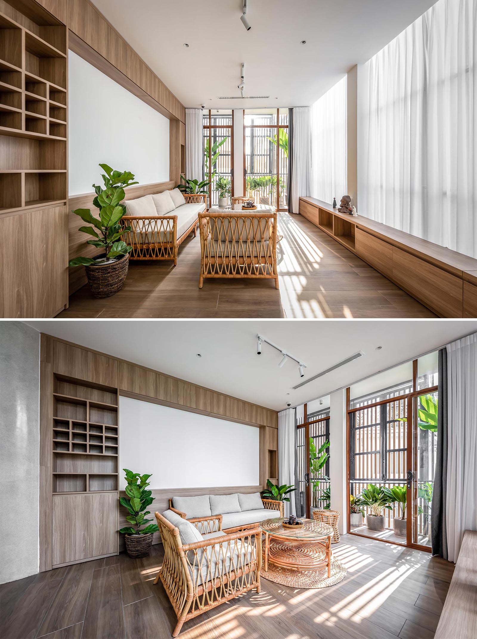 This contemporary living room is casual with wood shelving and furniture, a few plants, and floor-to-ceiling curtains.