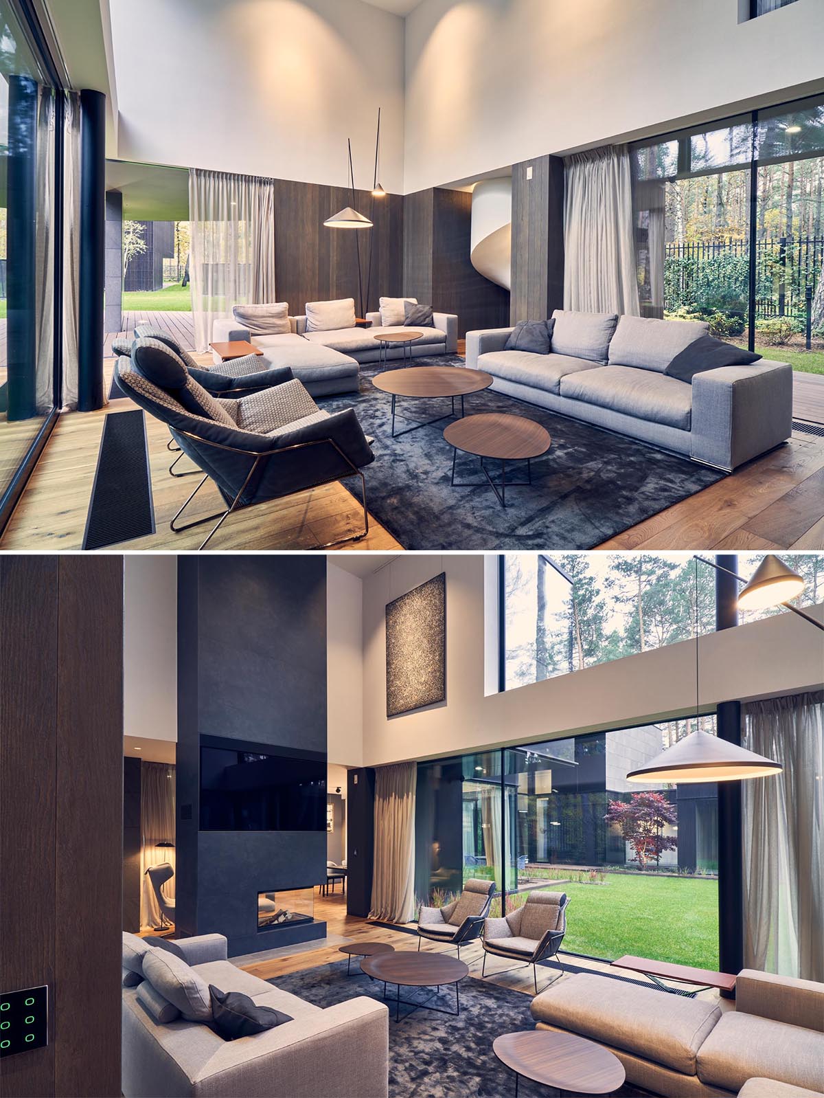 The interior of this modern home, like in the living room, showcases warm wood floors, expansive windows, and a double height ceiling.