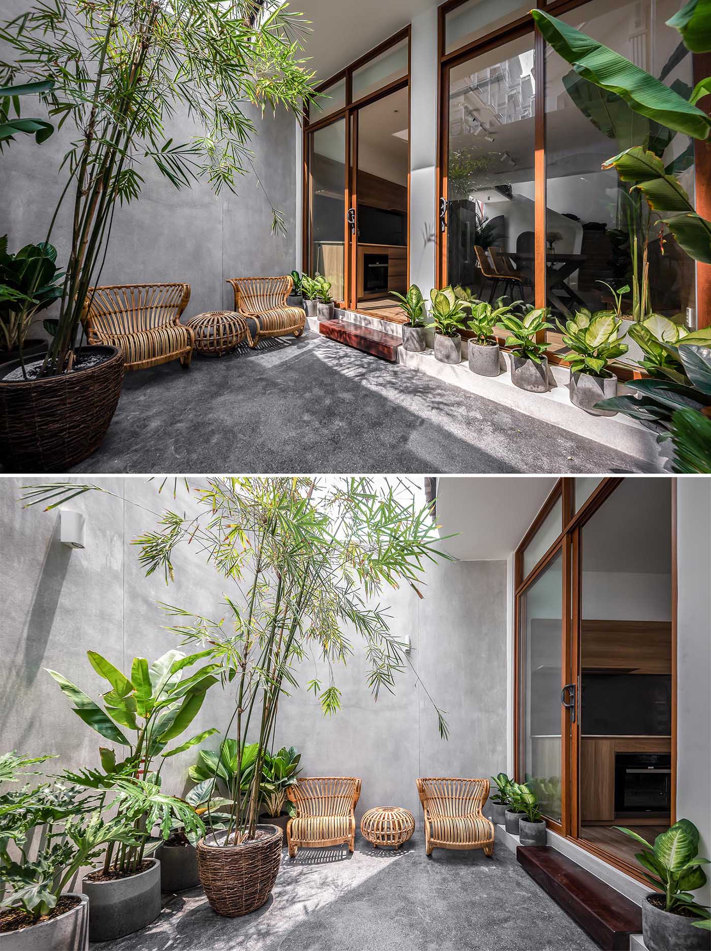 A sliding glass door off the kitchen and dining room opens to a private courtyard filled with wicker furniture, bamboo, and potted plants.