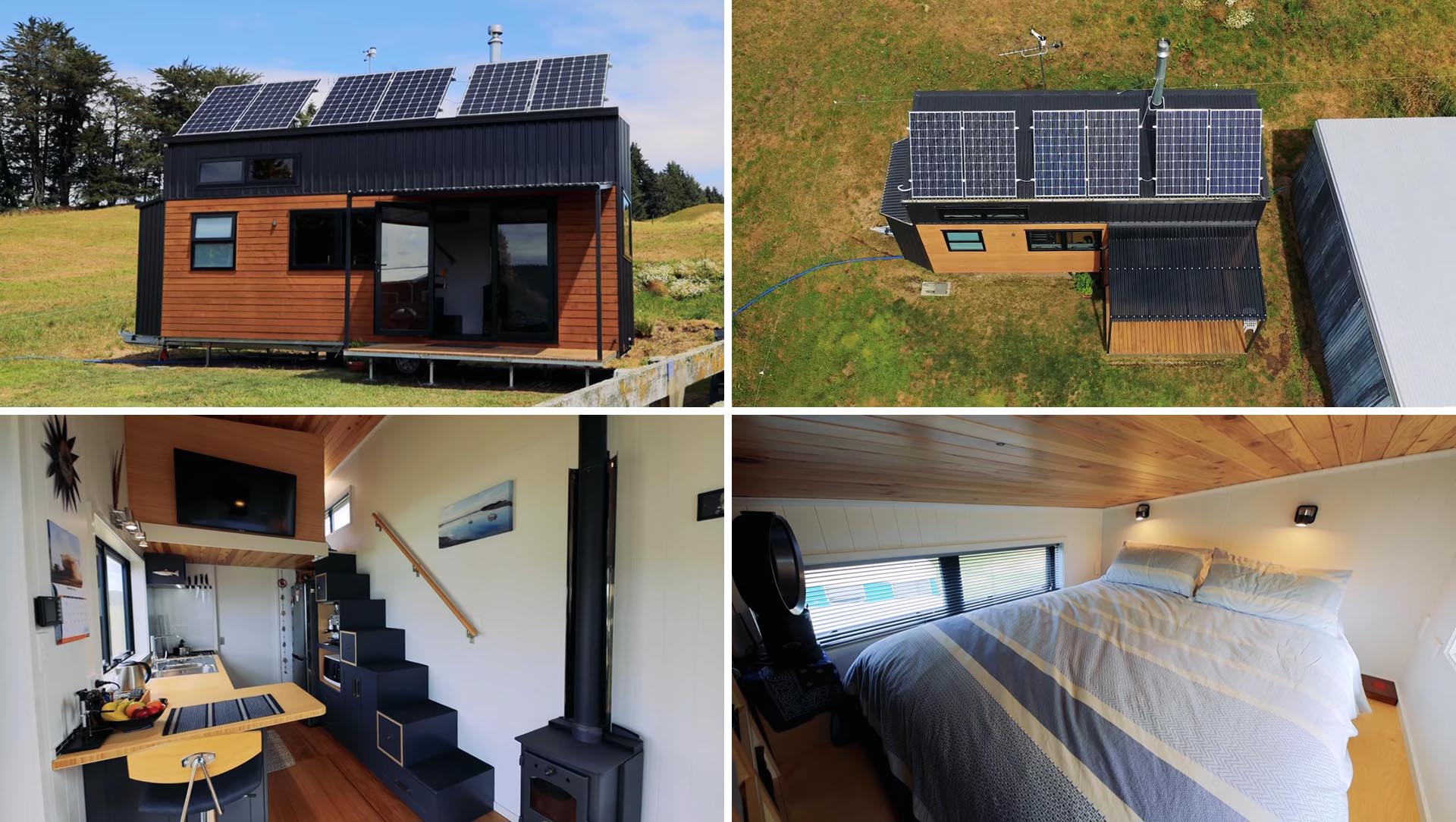 A modern tiny home with solar panels, rainwater collection, and an interior with living room, kitchen, bathroom, and bedroom.