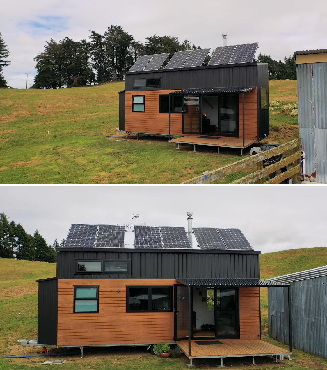 A modern off-the-grid tiny home with solar panels and rainwater collection.