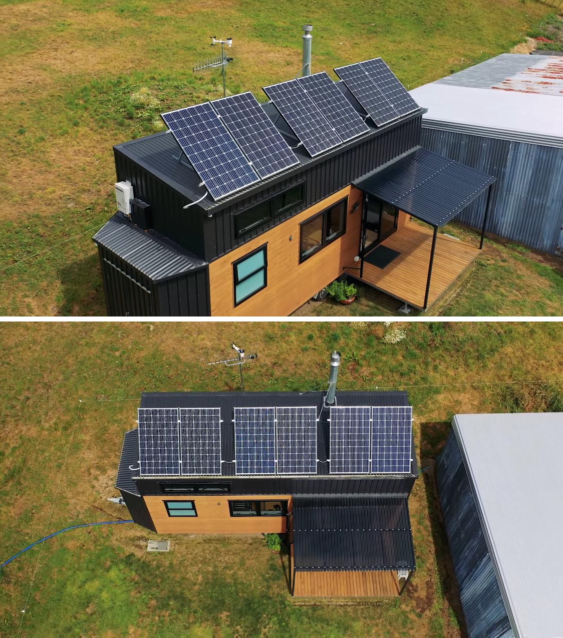 A modern off-the-grid tiny home with solar panels and rainwater collection.