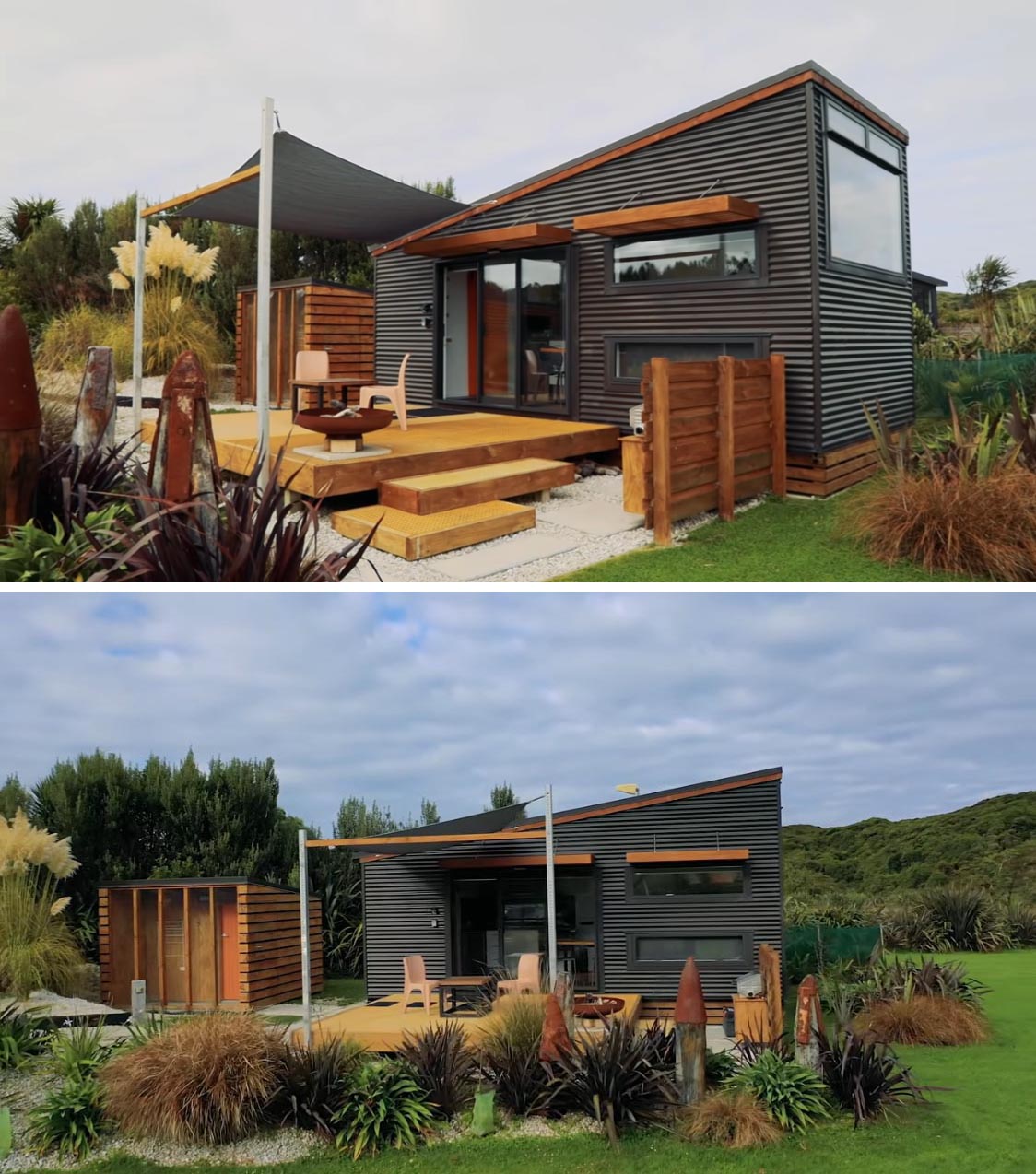 A modern tiny home with corrugated metal siding and a wood deck.