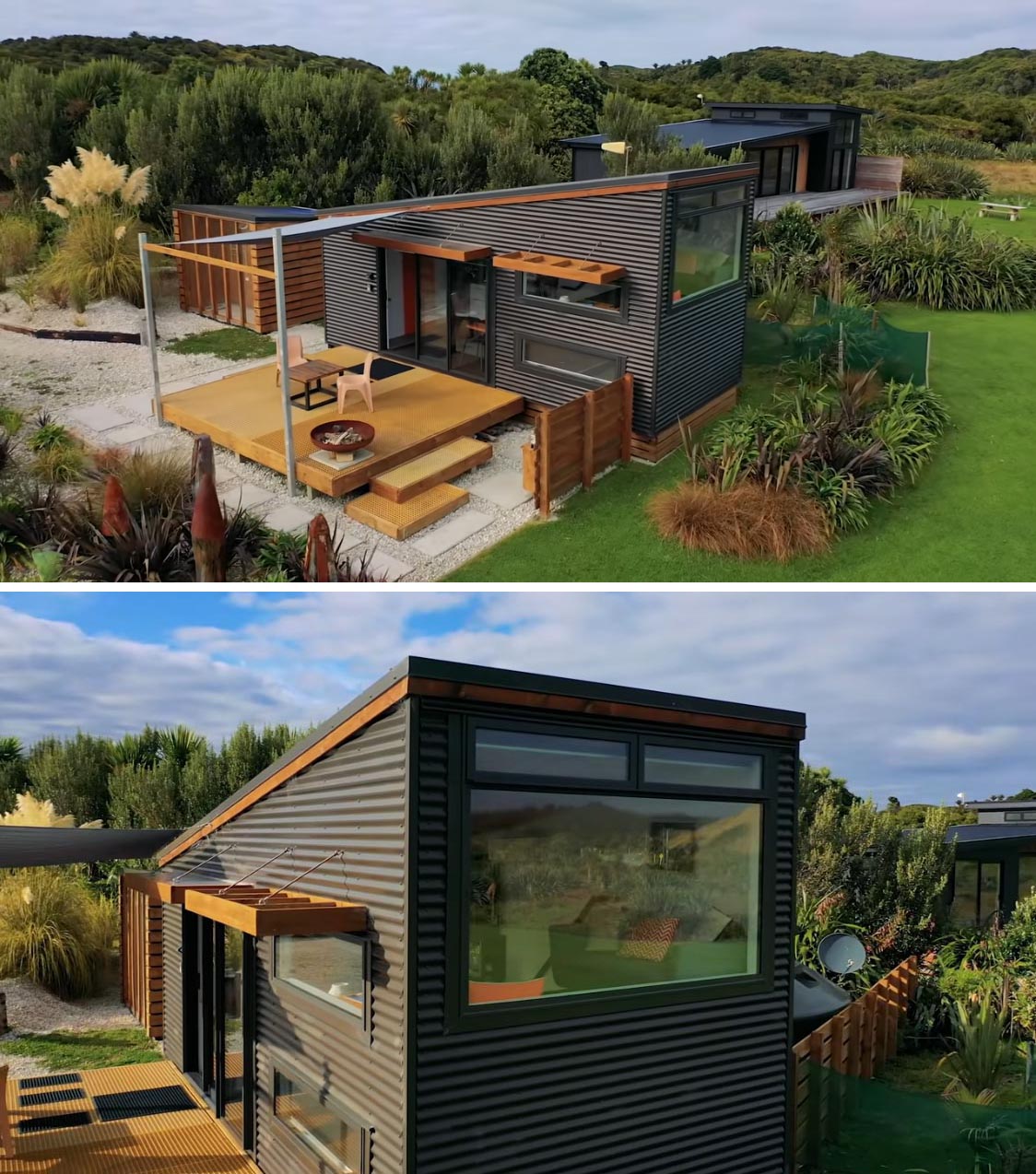 A modern tiny home with corrugated metal siding and a wood deck.